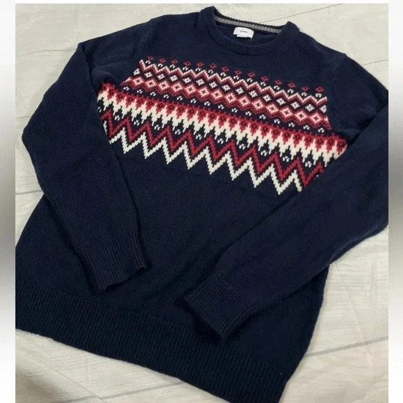 Old Navy Men’s M Navy Blue & Red Fair Isle Christmas Holiday Knit Sweater wool - Picture 11 of 11